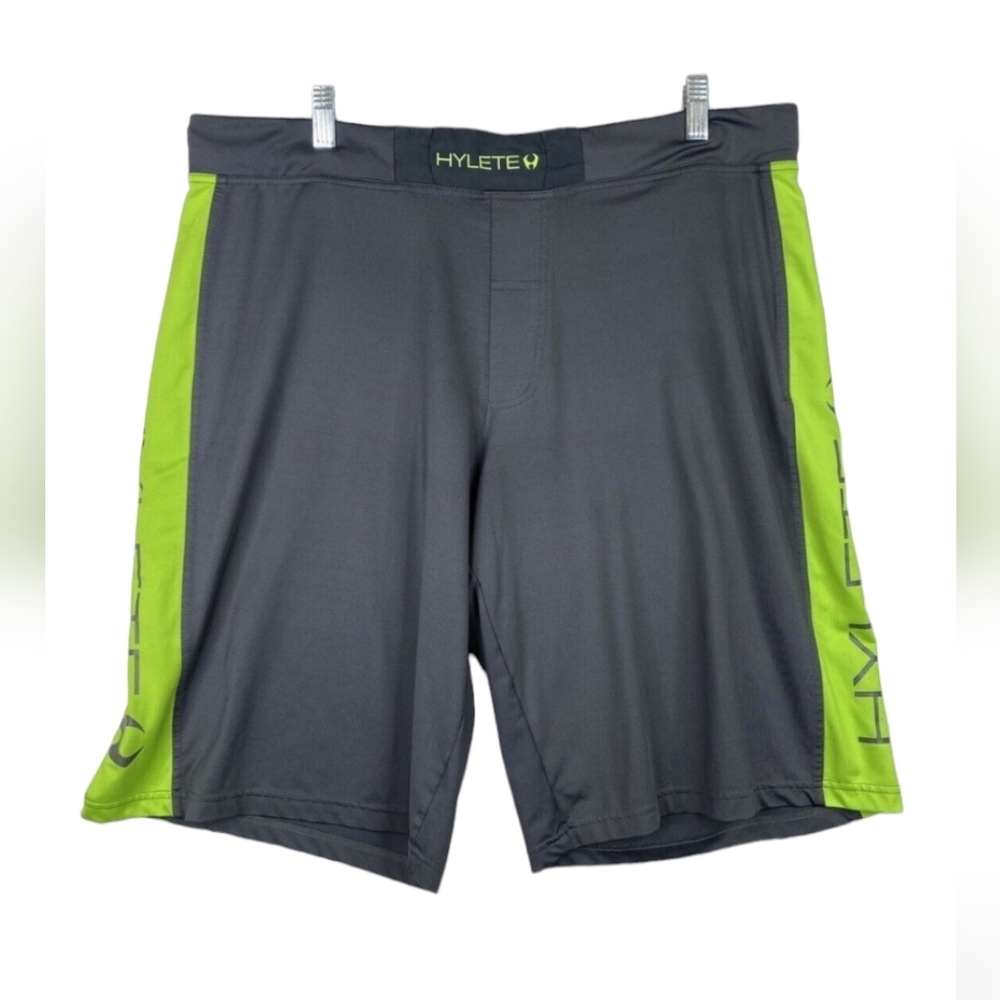 HYLETE Shorts Mens‎ Med. Gray Green Logo Stretch Drawstring Lightweight Elastic
